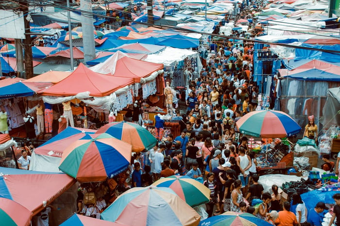 Arial view of a busy marketplace