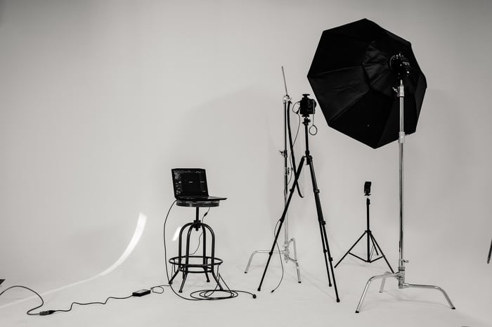 A photosgraphy studio setup with white background