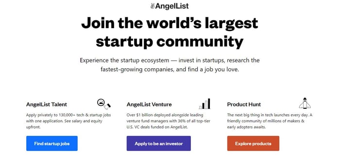 página de inicio del sitio web angellist