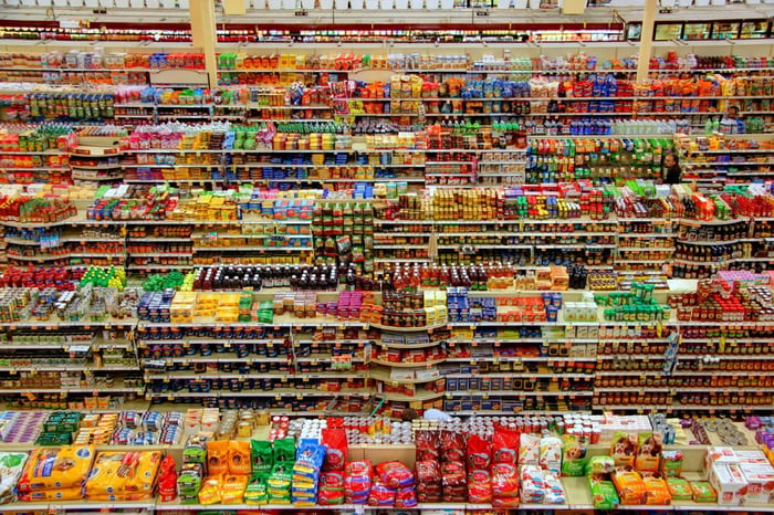 grocery store shelves from above
