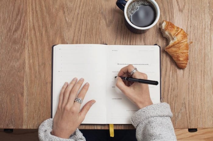 Pessoa escrevendo no caderno com café e croissant do lado
