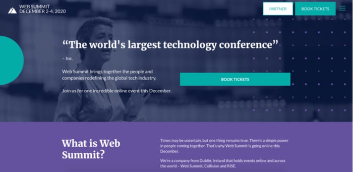 Screenshot della homepage del sito eventi Web Summit