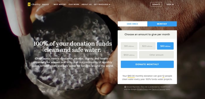Charity: Water website homepage