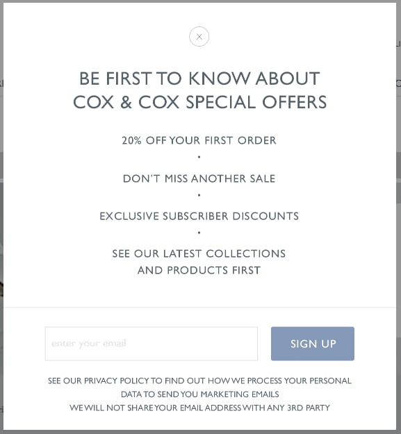 Cox & Cox newsletter popup