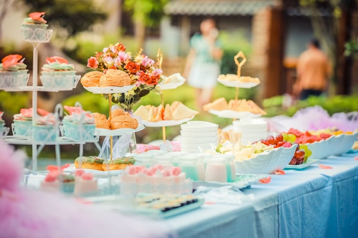 Cake trays outside on tables