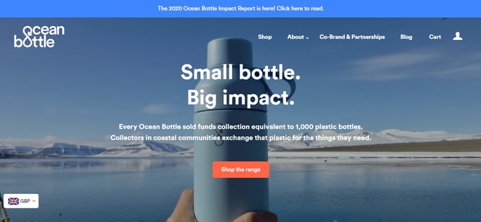 Homepage del sito web Ocean Bottle