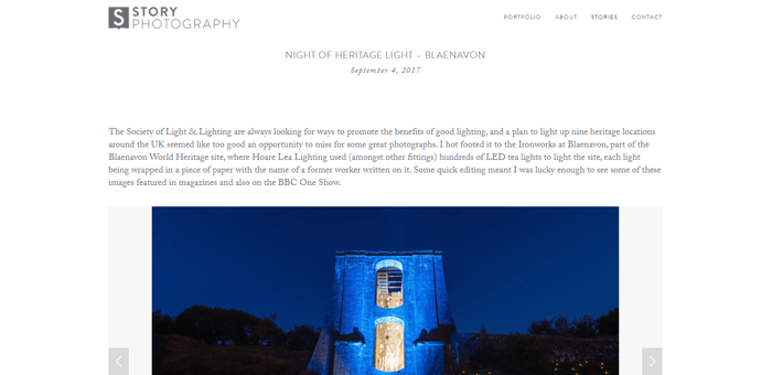 Página inicial do portfólio de fotografia do Story Photography