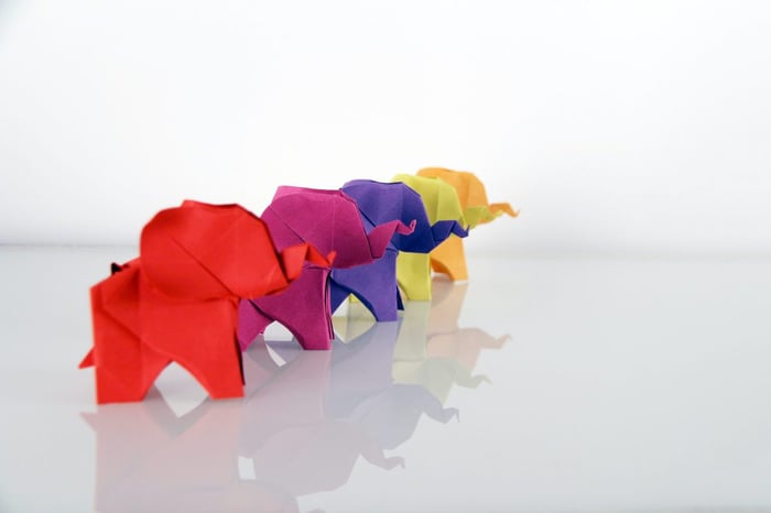 row of multicolored origami elephants