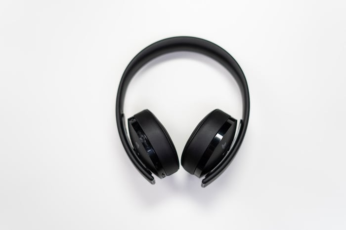 Black headphones against a white background