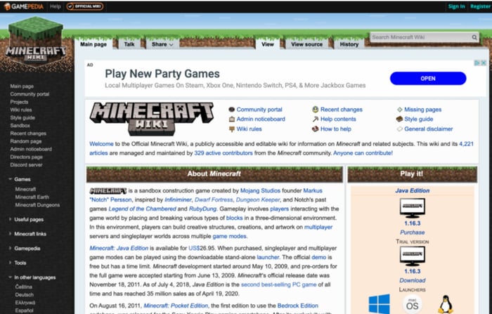 Esempio di un sito web Wiki (Minecraft)