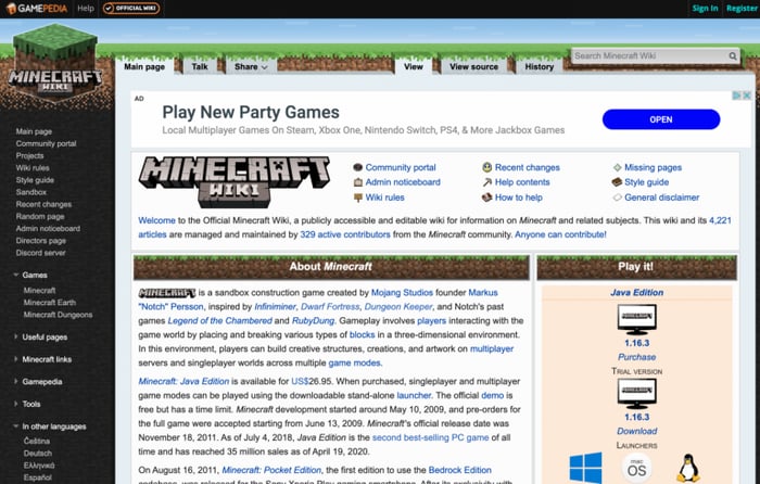 Exemplo de site de wiki sobre Minecraft