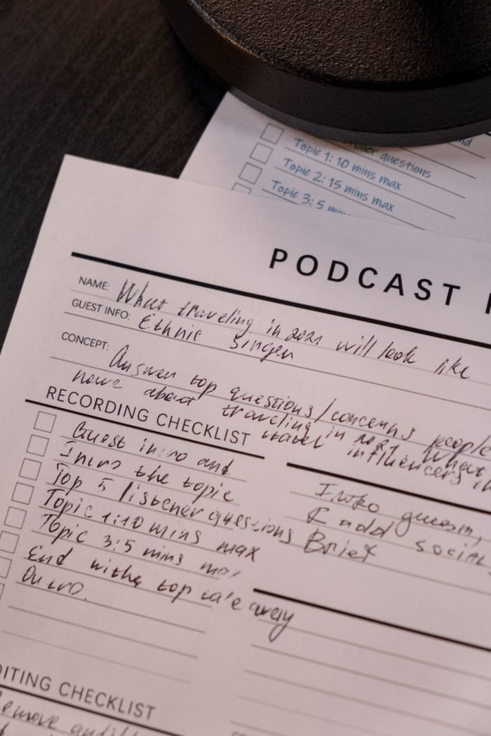 Podcast notes on a table