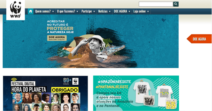 Exemplo de site para  organizações sem fins lucrativos: WWF Brasil
