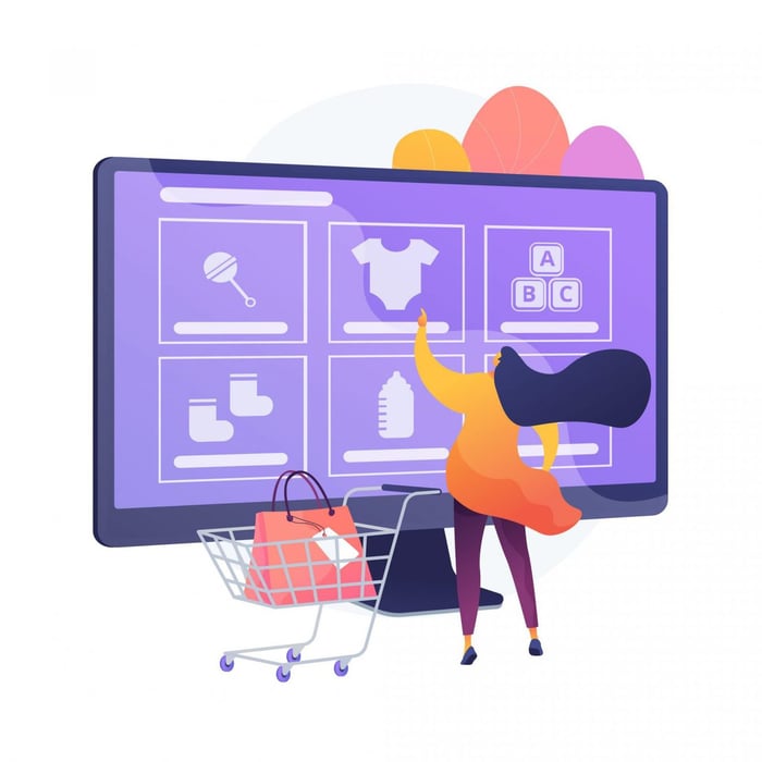 illustrate người mua sắm và máy tính với nhiều mặt hàng trên màn hình