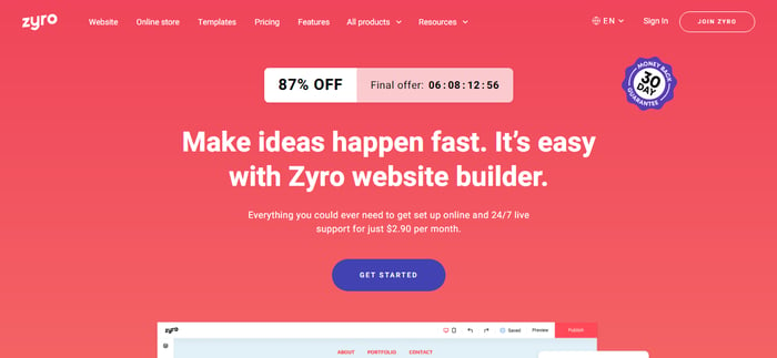 Zyro website homepage
