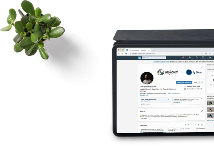 Perfil no LinkedIn mostrado na tela do tablet ao lado de uma planta