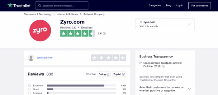 Zrzut ekranu strony z recenzjami Trustpilot pokazujący recenzję kreatora stron Zyro