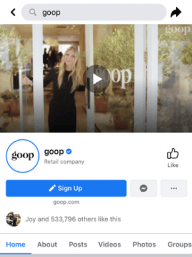 Página de Facebook da empresa Goop
