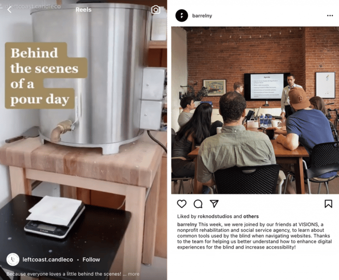 Exemplo de posts mostrando bastidores de empresas no Instagram
