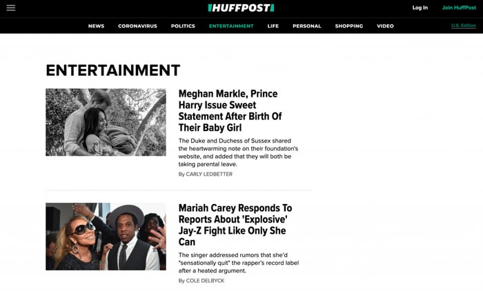 Huffington Post landing page