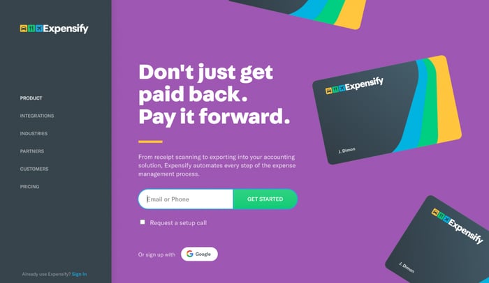 Landing page do site Expensify