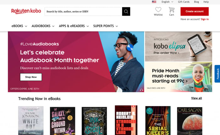 Page d'accueil Rakuten Kobo pour les livres numériques
