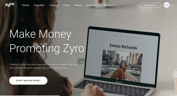 Page de destination du marketing d'affiliation de Zyro
