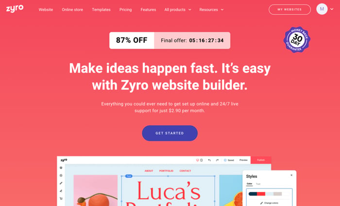 Page d'accueil de Zyro

