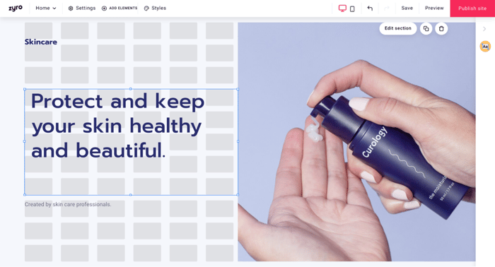 Progettazione del sito web della pagina dei prodotti su Zyro