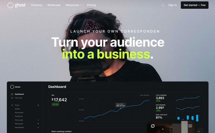 Landing page di Ghost
