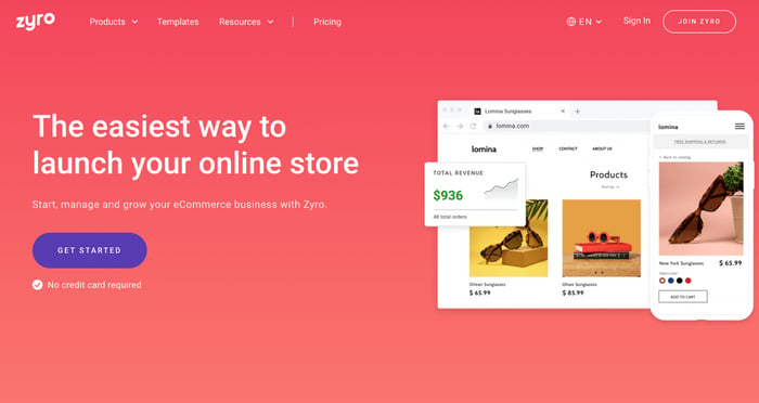Zyro online store landing page