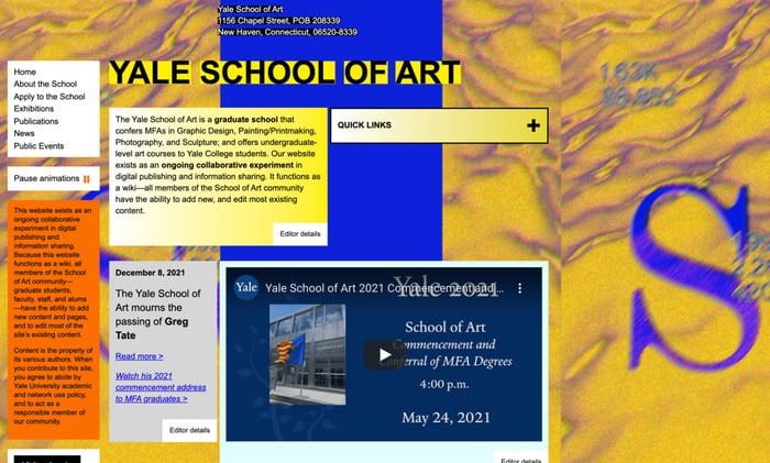 Yale School of Art landing page