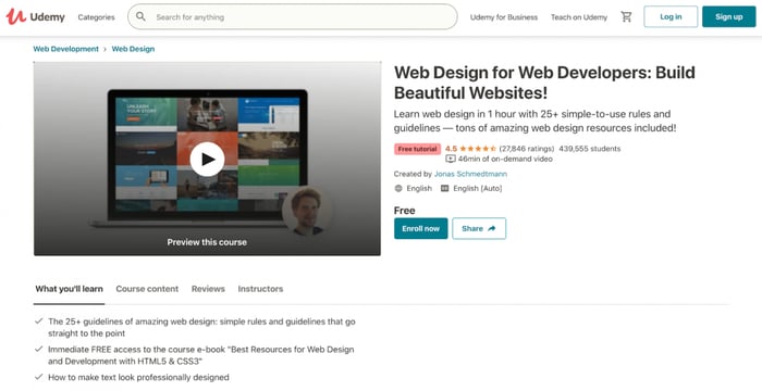 Udemy web design course page 
