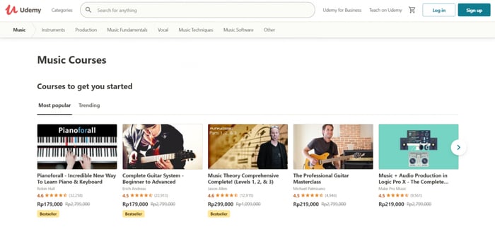 Udemy music courses landing page