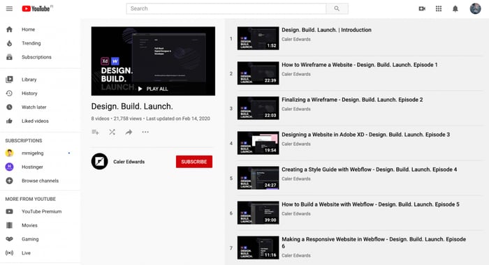 YouTube design build launch course page