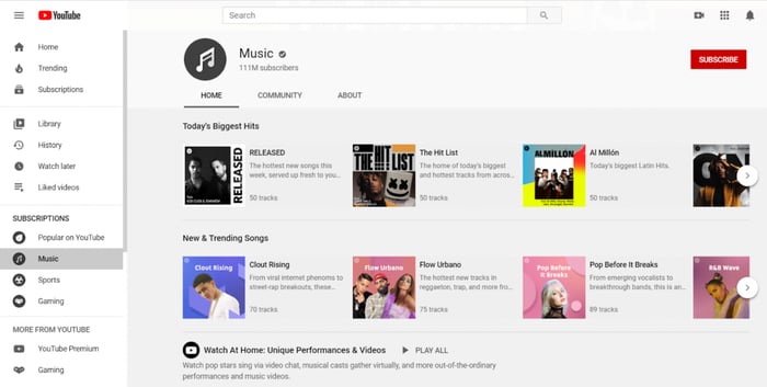 YouTube music landing page