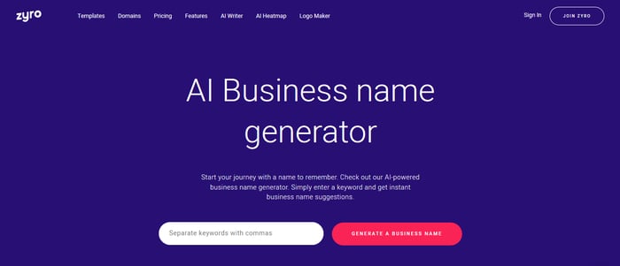 Zyro AI name generator landing page