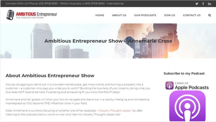 Landing page del podcast Ambitious Entrepreneurs Show