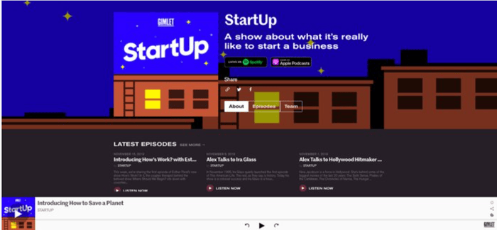 Landing page del podcast Startup