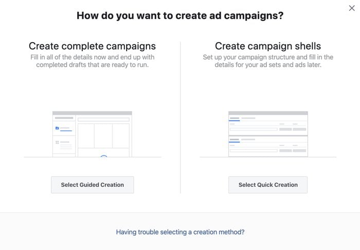Opsi pembuatan iklan di Facebook