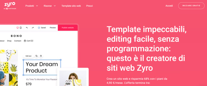 Homepage di Zyro