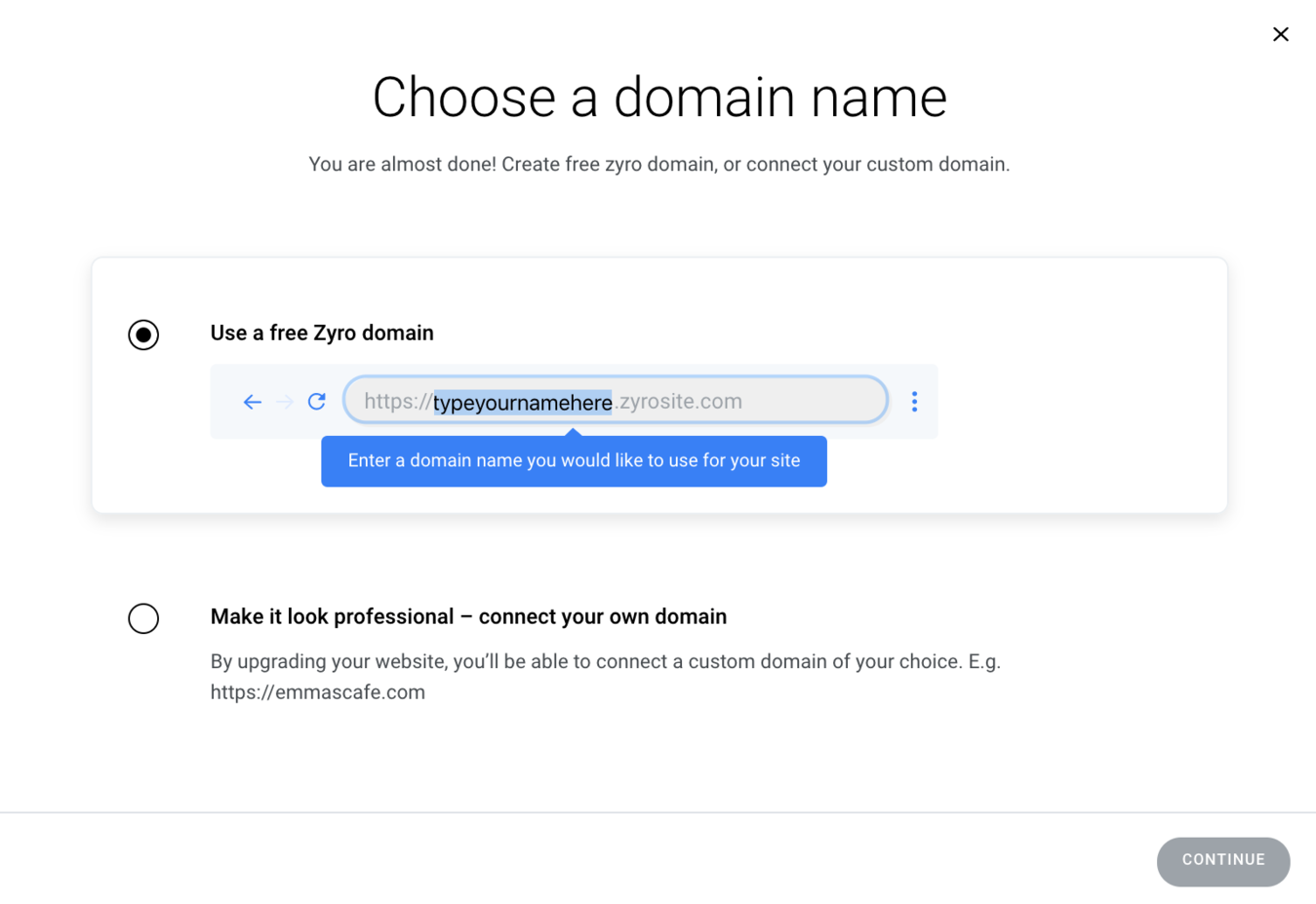 choosing a domain name on zyro