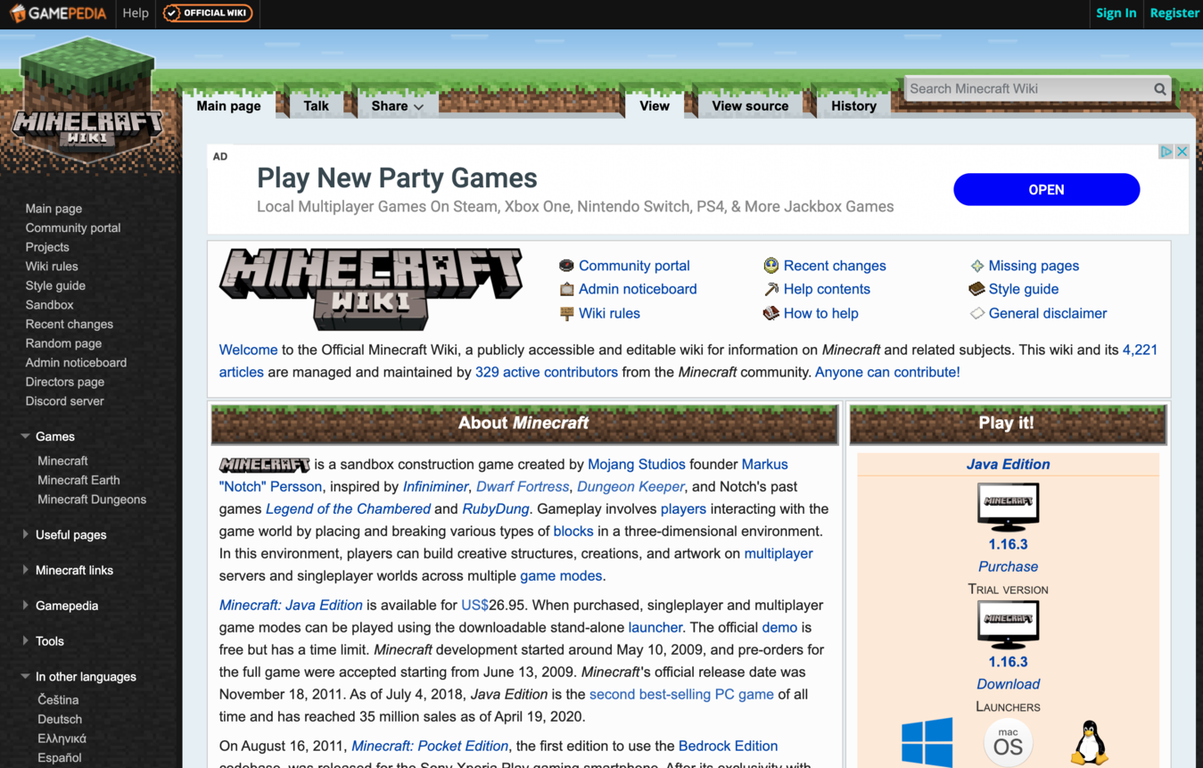 Ejemplo de un sitio web wiki (Minecraft)
