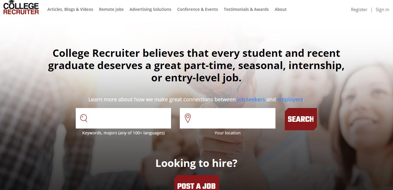 página de inicio del sitio web de collegerecruiter