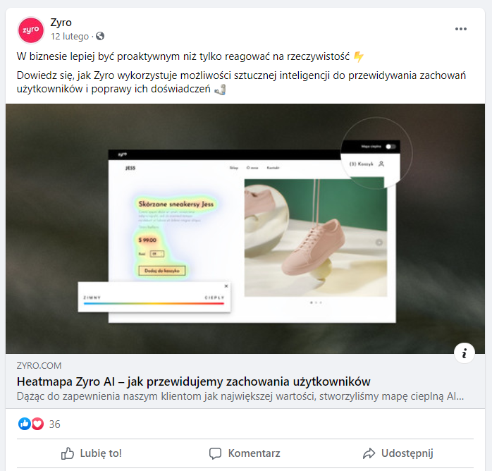 Post Zyro na Facebooku - screenshot