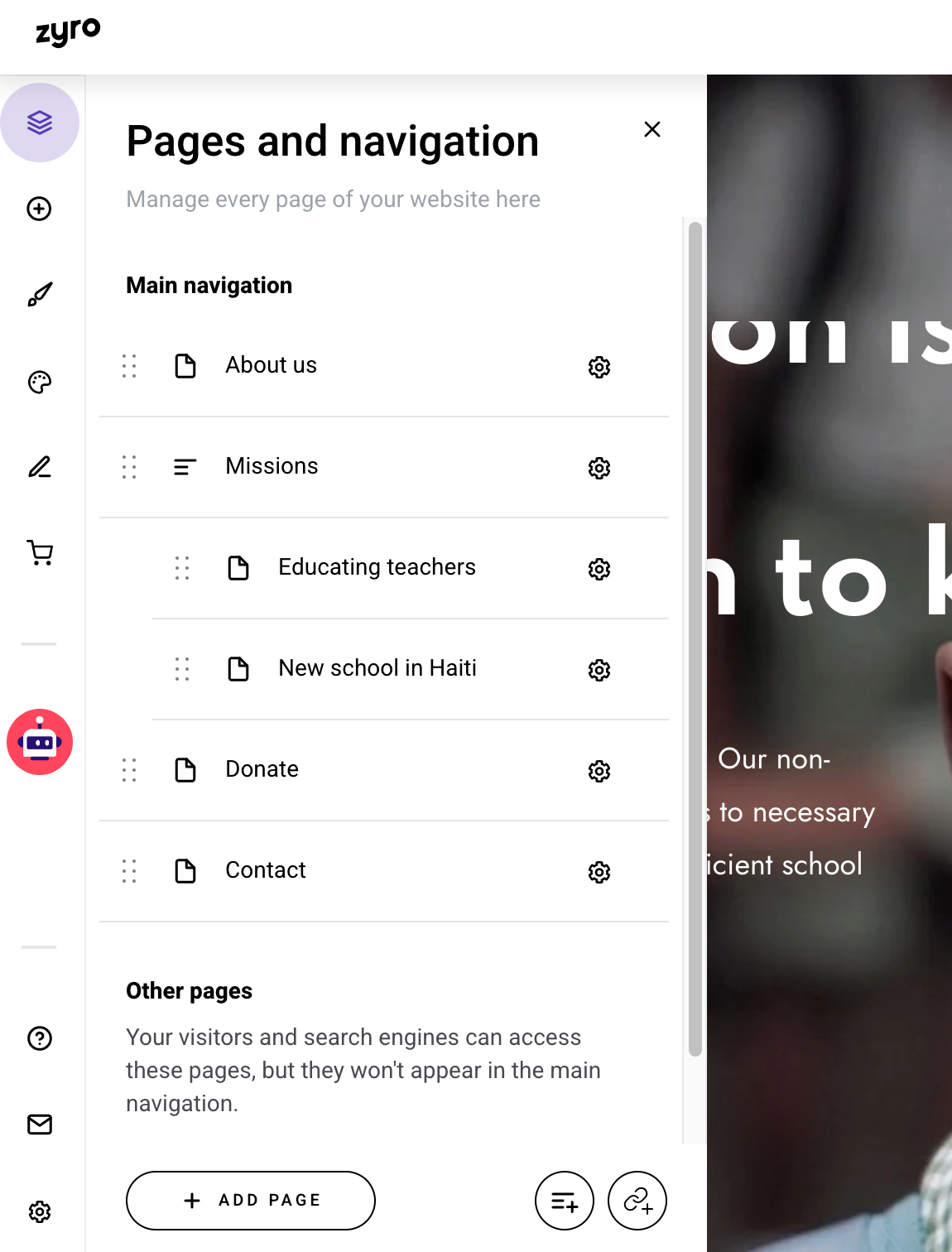 Zyro editor pages and navigation menu 